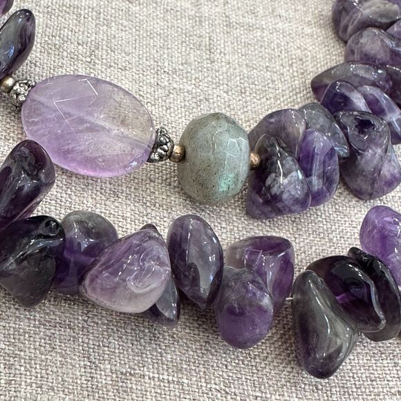 Amethyst Labradorite Beaded Sterling Silver Necklace 19" Toggle Clasp Purple VTG - Picture 11 of 16